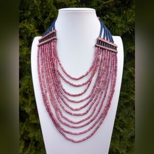 Boho Wood Beaded Tiered Multi Strand Navy Blue & Pink  Necklace